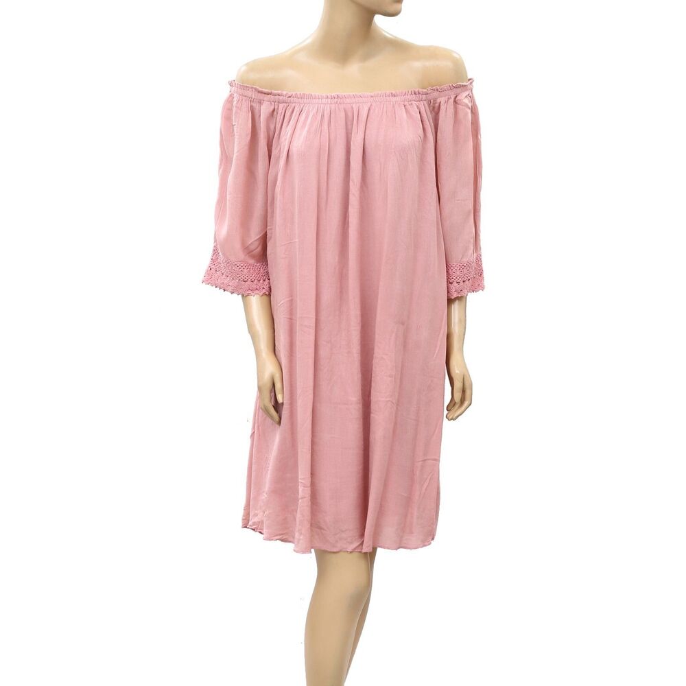 Speed Control Crochet Lace Off the Shoulder Mini Dress Pink Resort L 267714